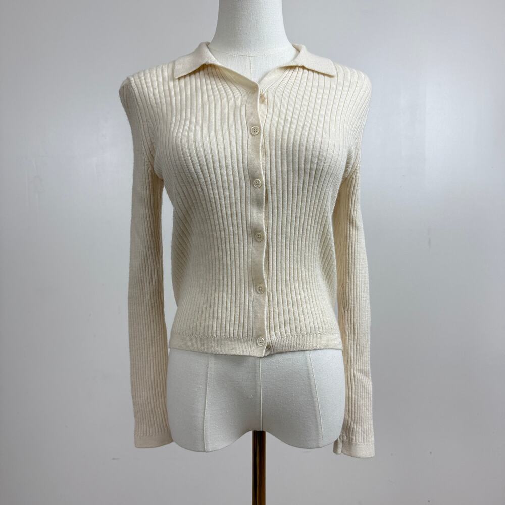 Uniqlo 100% Wool Cream Button Up Collar Long Sleeve Sweater Size Small